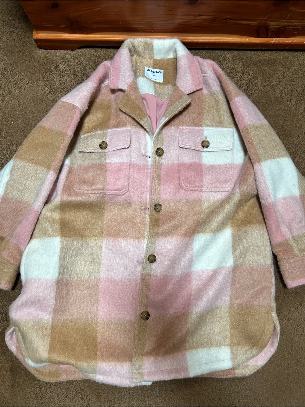 Old Navy Pink, Camel & Cream Plaid Shacket Jacket